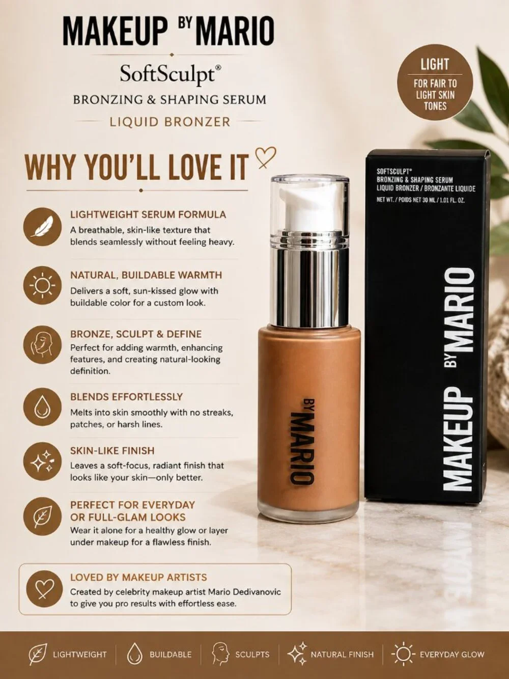 Makeup by Mario SoftSculpt Bronzing & Shaping Serum Light Liquid Bronzer 30mL